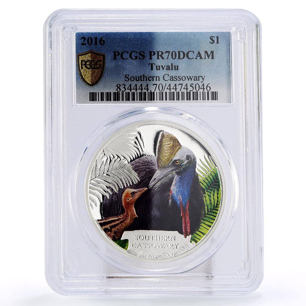 Tuvalu 1 dollar Endangered Fauna Southern Cassowary Bird PR70 PCGS Ag coin 2016