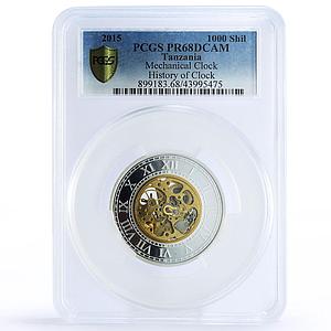 Tanzania 1000 shillings Time History Mechanical Clock PR68 PCGS silver coin 2015