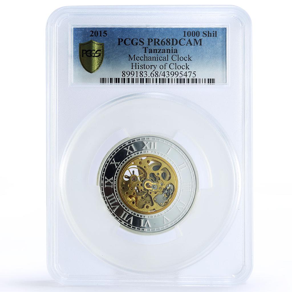 Tanzania 1000 shillings Time History Mechanical Clock PR68 PCGS silver coin 2015