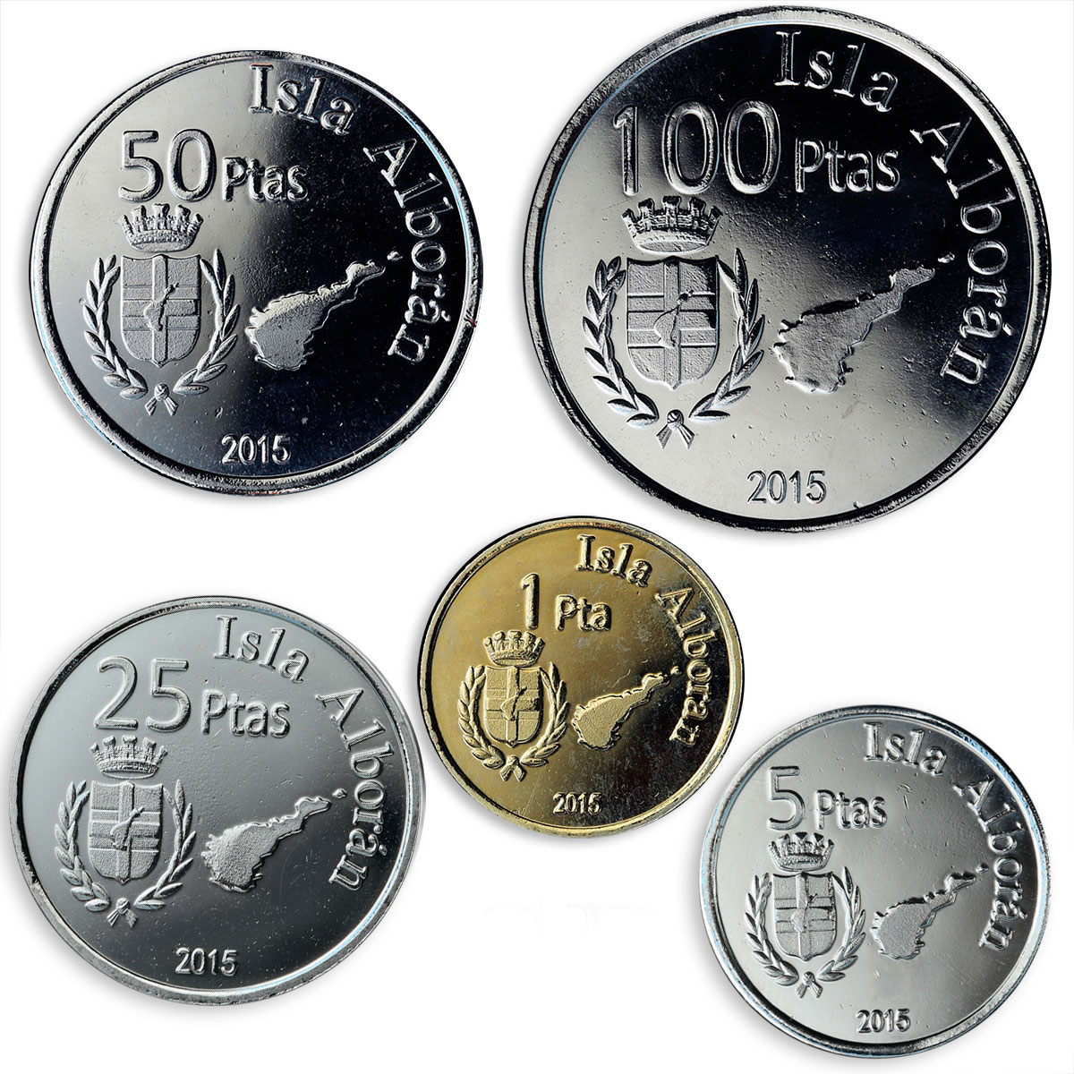 The island of Alboran, Spain, set of 5 coins, Sailboats, Ships, 2015