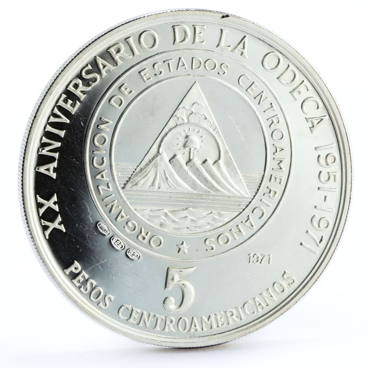 Central America 5 pesos Anniversary of ODECA States Friendship silver coin 1971