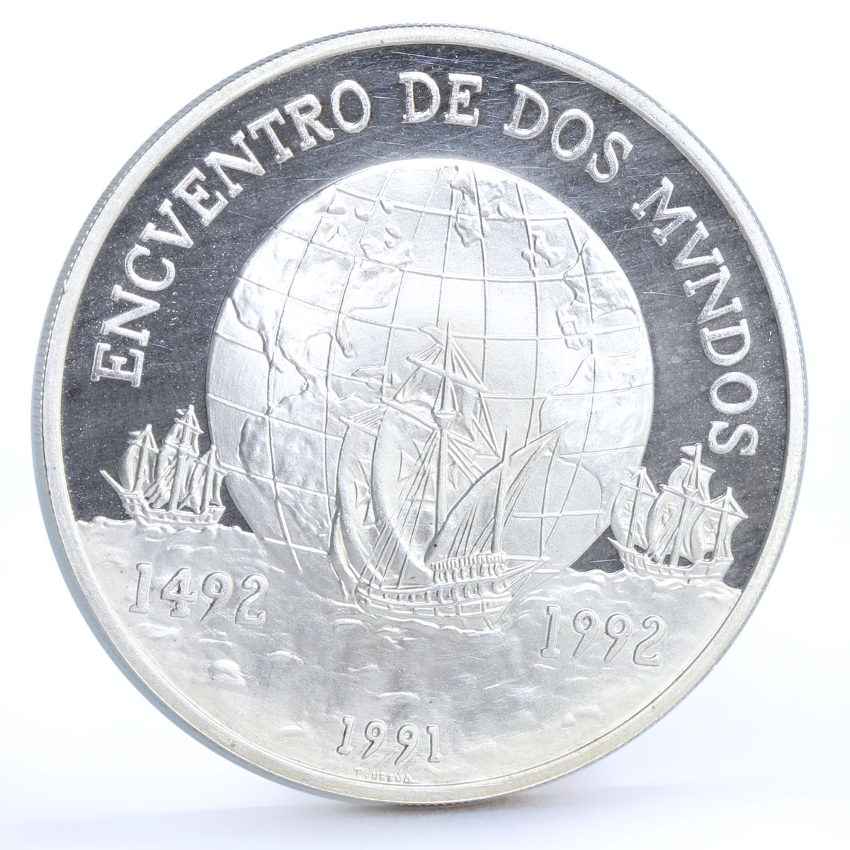 Chile 10000 pesos Columbus Ships Clippers and Globus proof silver coin 1991