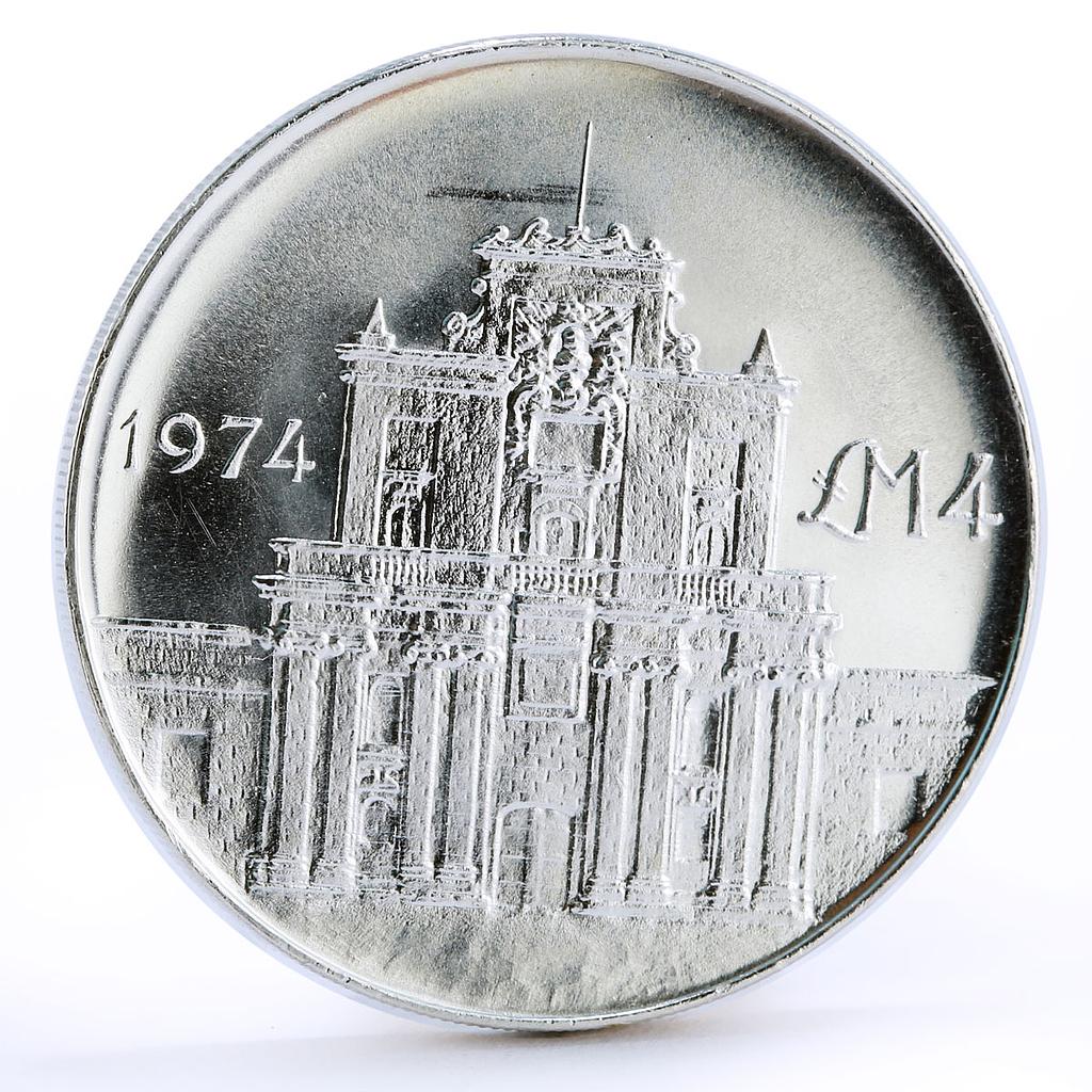 Malta 4 pounds Culture Heritage Notre Dam Church Architecture silver coin 1974