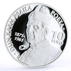 Malta 10 euro Poet Dum Karm Psaila Poetry Literature proof silver coin 2013