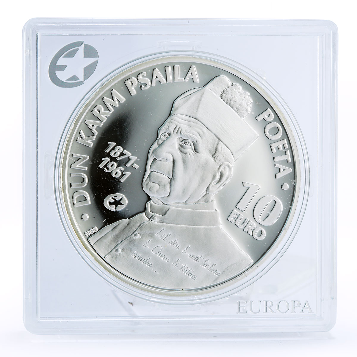 Malta 10 euro Poet Dum Karm Psaila Poetry Literature proof silver coin 2013