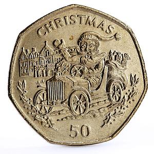 Gibraltar 50 pence Holidays Saints Christmas Santa Claus in a Car CuNi coin 1993