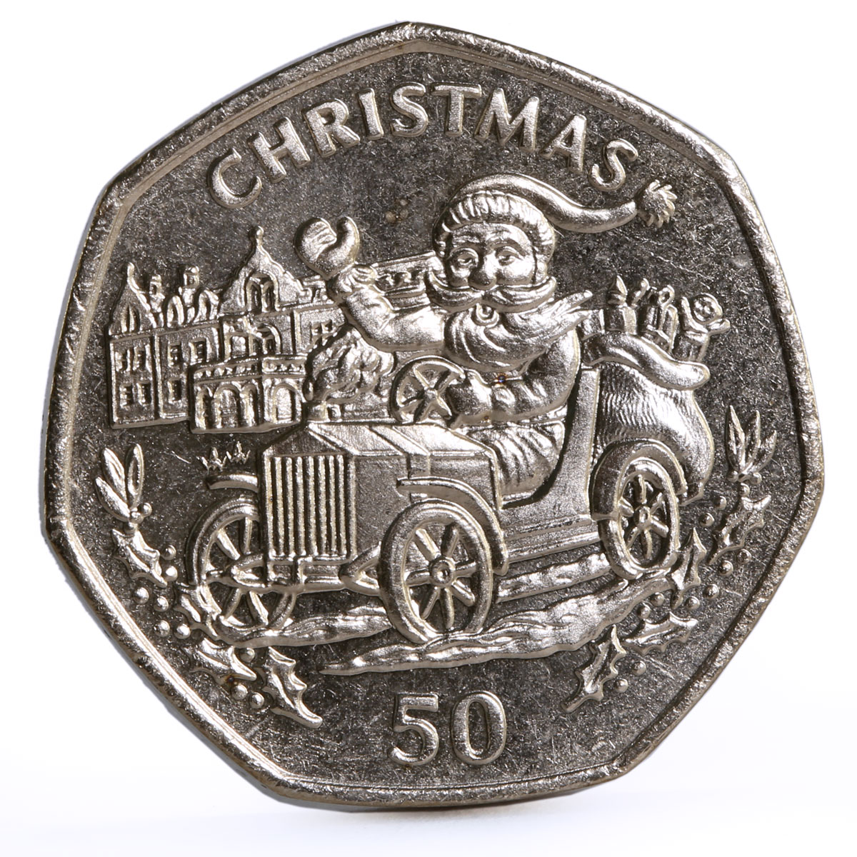 Gibraltar 50 pence Holidays Saints Christmas Santa Claus in a Car CuNi coin 1993