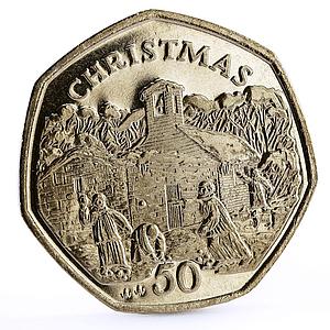 Isle of Man 50 pence Holidays Saints Christmas Snowball Fight CuNi coin 1996