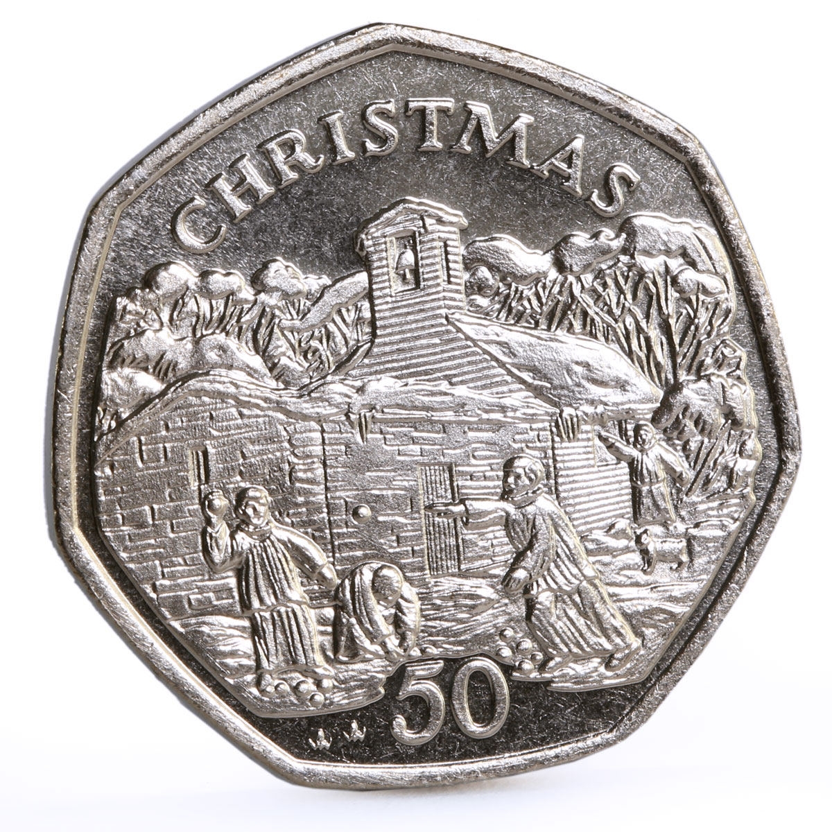 Isle of Man 50 pence Holidays Saints Christmas Snowball Fight CuNi coin 1996