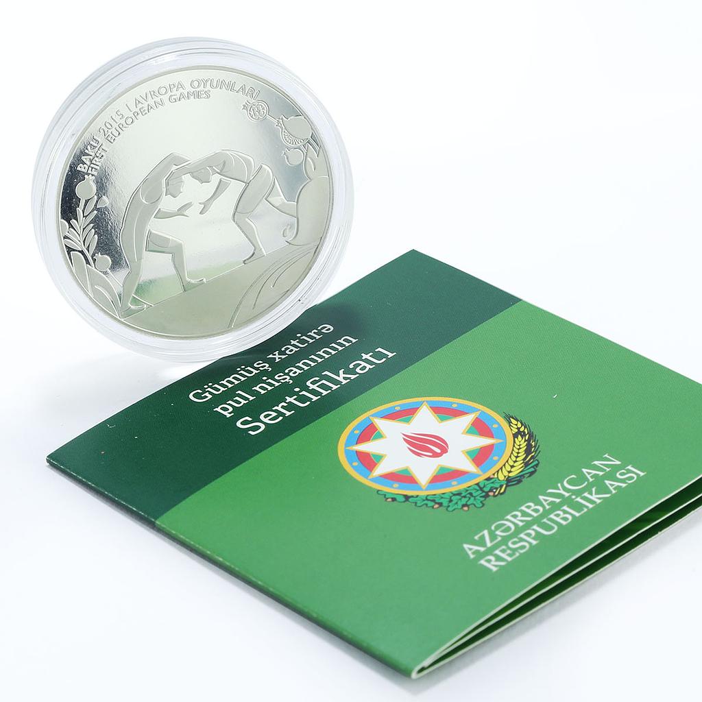 Azerbaijan 5 manat European Games in Baku Wrestling silver coin 2015