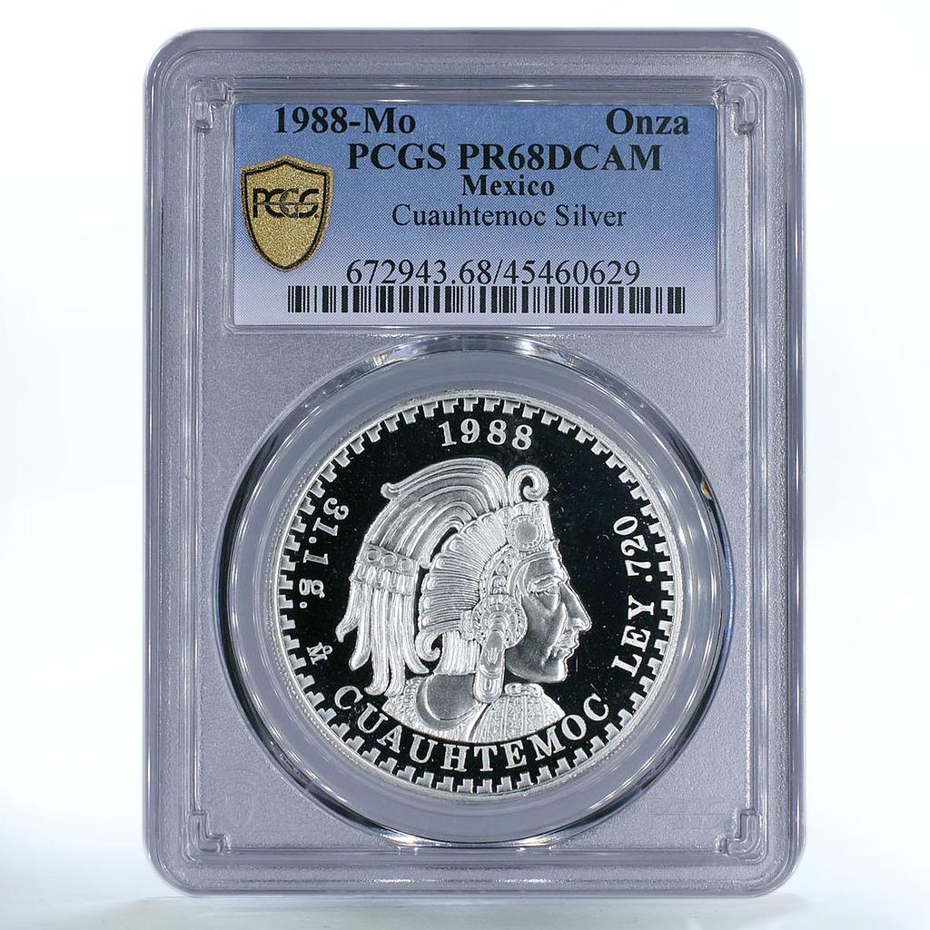 Mexico 1 onza Aztec Leader Cuauhtemoc PR68 PCGS silver medal coin 1988