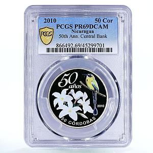 Nicaragua 50 cordobas National Bank Bird Flower PR69 PCGS silver coin 2010