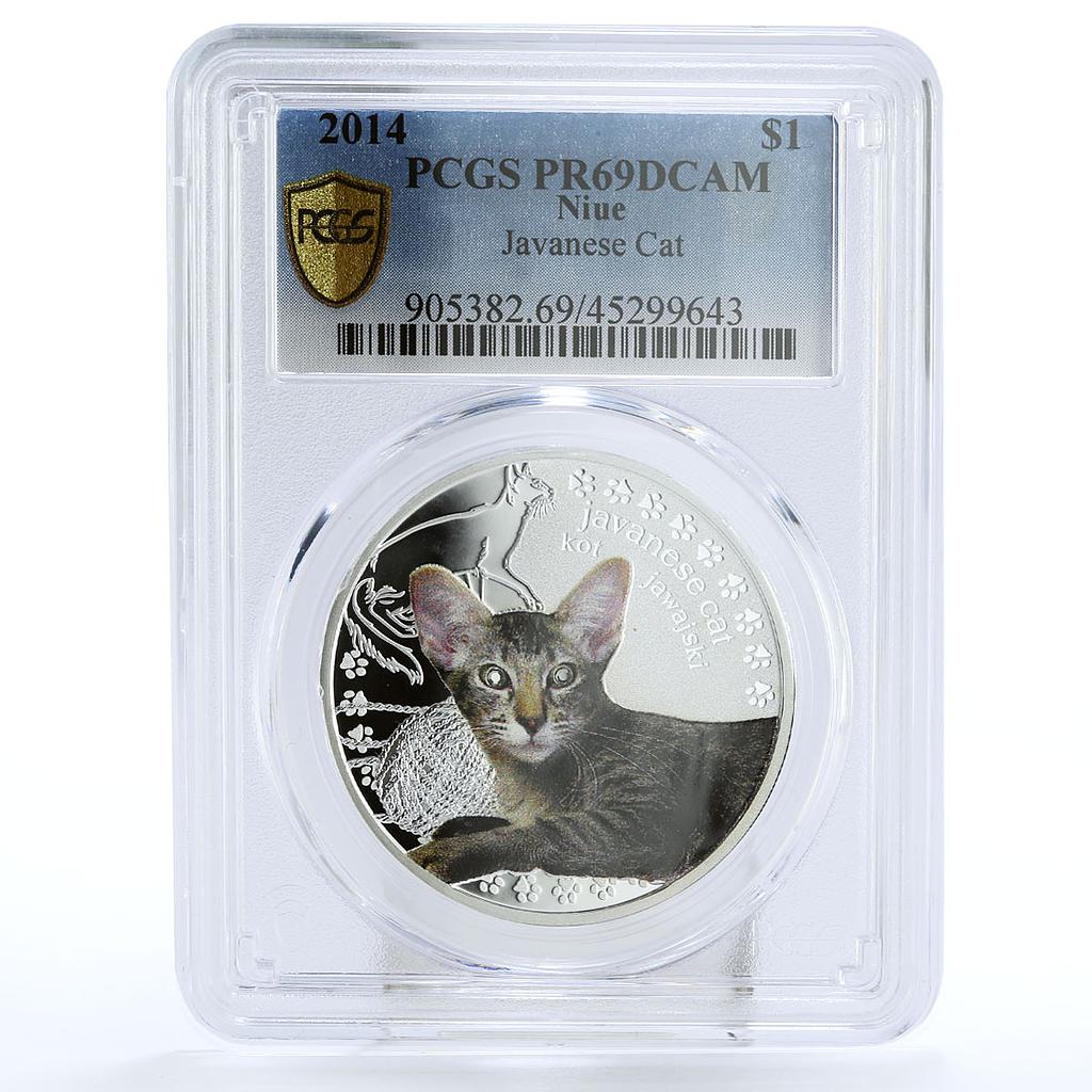 Niue 1 dollar Home Pets Javanese Cat PR69 PCGS colored silver coin 2014