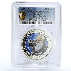 Saharawi 1000 pesetas 1st Evolutionist Charles Darwin PR68 PCGS CuNi coin 1997