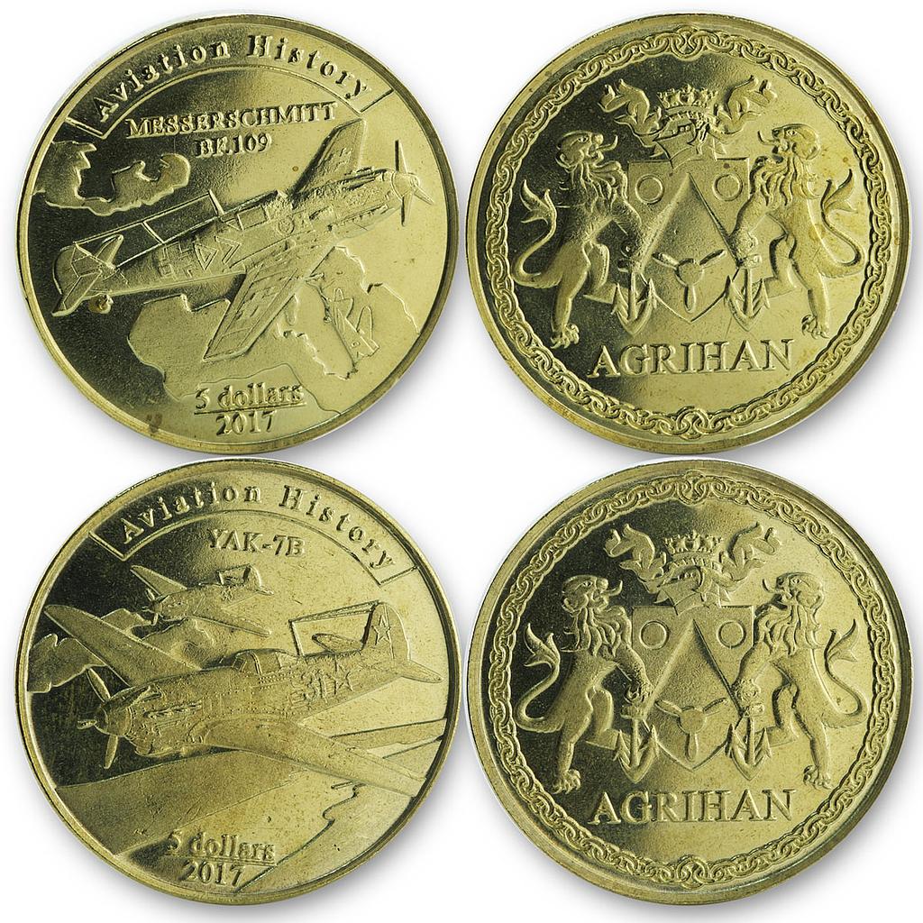 Agrihan 5 dollars set of 2 coins Aviation History Aircraft 2017