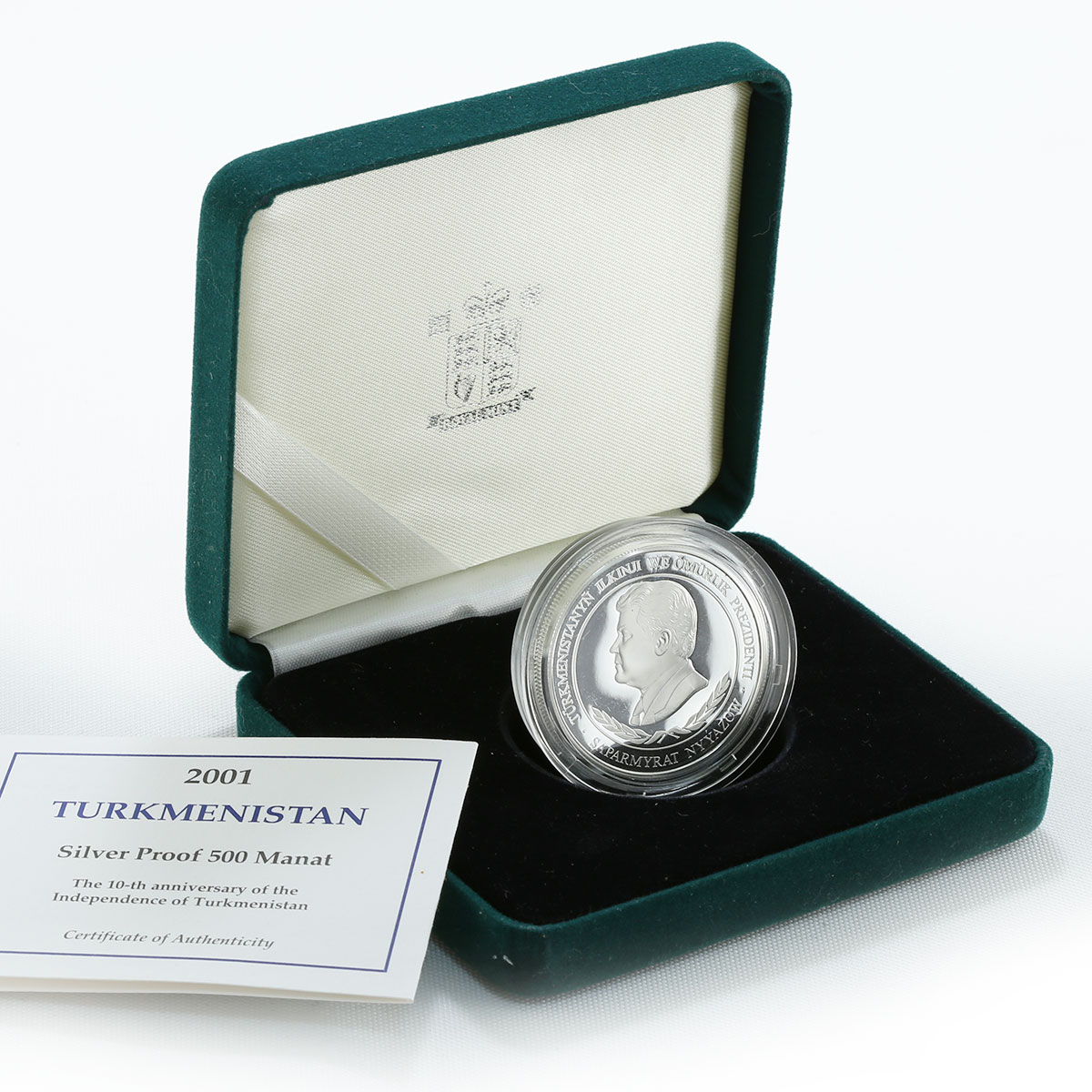 Turkmenistan 500 manat 10th Anniversary Independence silver proof coin 2001