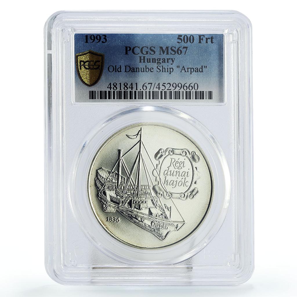 Hungary 500 forint Old Danube Ship Arpad Sailboat MS67 PCGS silver coin 1993