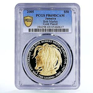Jamaica 50 dollars Reggae Singer Bob Marley PR69 PCGS gilded silver coin 2005
