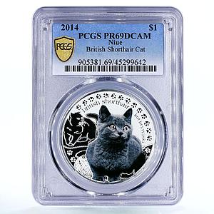 Niue 1 dollar Home Pets British Shorthair Cat PR69 PCGS colored silver coin 2014