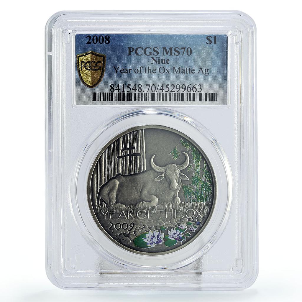 Niue 1 dollar Lunar Calendar Year of the Ox Matte MS70 PCGS silver coin 2008