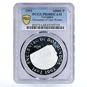 Colombia 10000 pesos Encounter of Two Worlds PR68 PCGS silver coin 1991