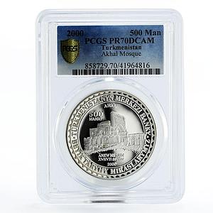 Turkmenistan 500 manat Enev Mosque XV century Ahal PR70 PCGS silver coin 2000