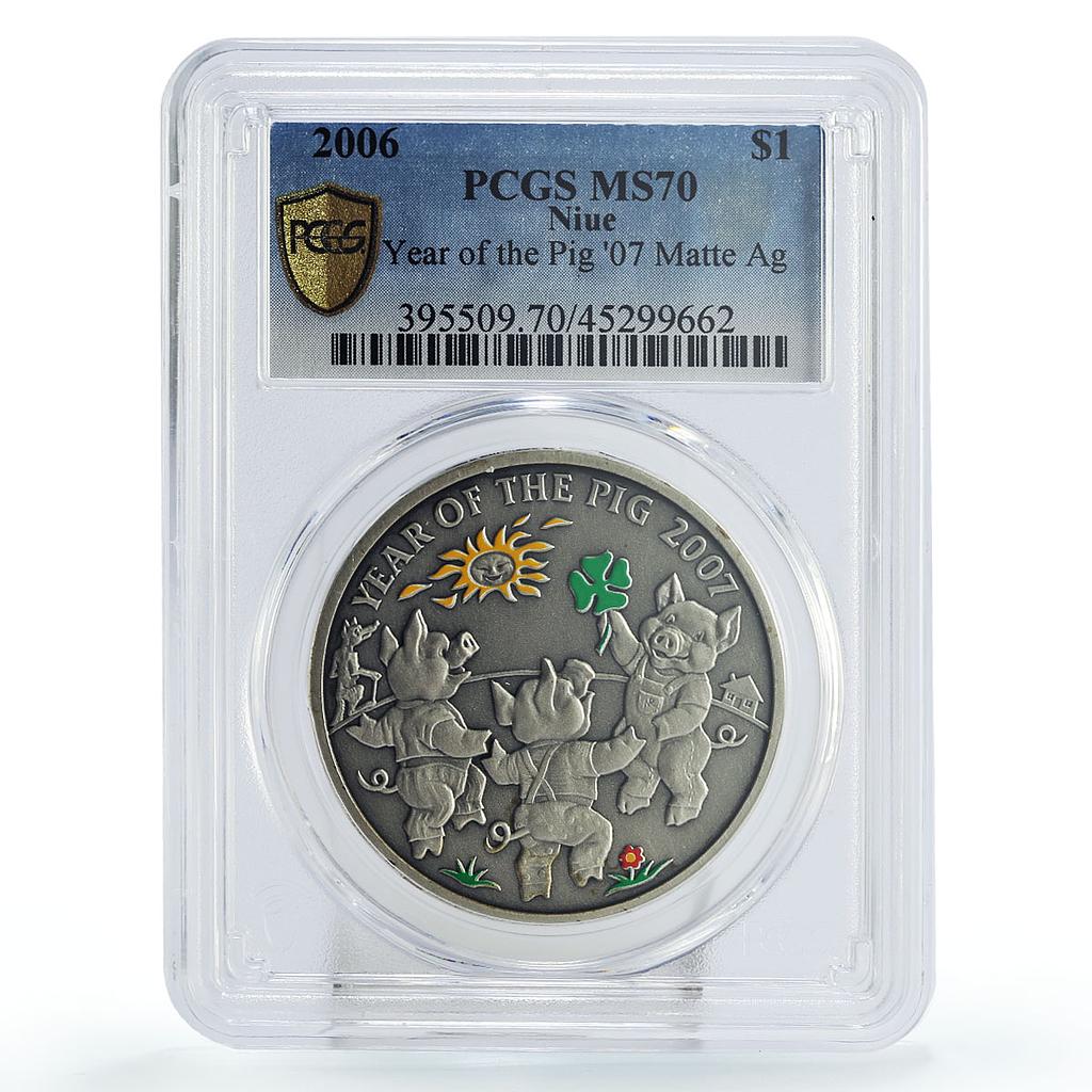 Niue 1 dollar Lunar Calendar Year of the Pig Matte MS70 PCGS silver coin 2006