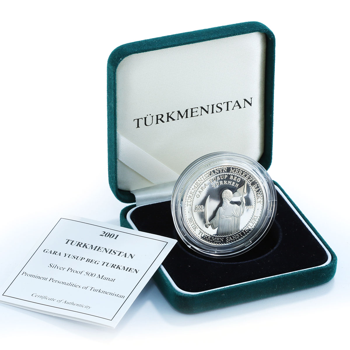 Turkmenistan 500 manat Gara Yusup Beg Turkmen Sultan silver proof 2001