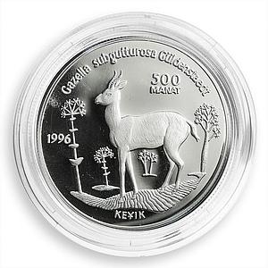 Turkmenistan 500 manat Red Book Wildlife Asian Gazelle Fauna silver coin 1996