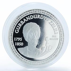 Turkmenistan 500 manat Great Turkmen Poet Gurbandurdy proof silver coin 2003
