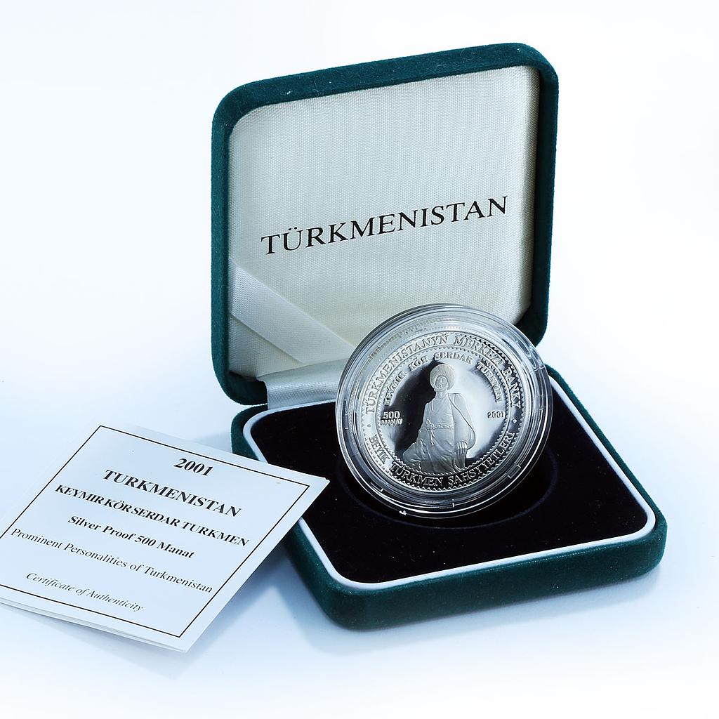 Turkmenistan 500 manat Keymar Kor Serdar Turkmen Commander silver coin 2001
