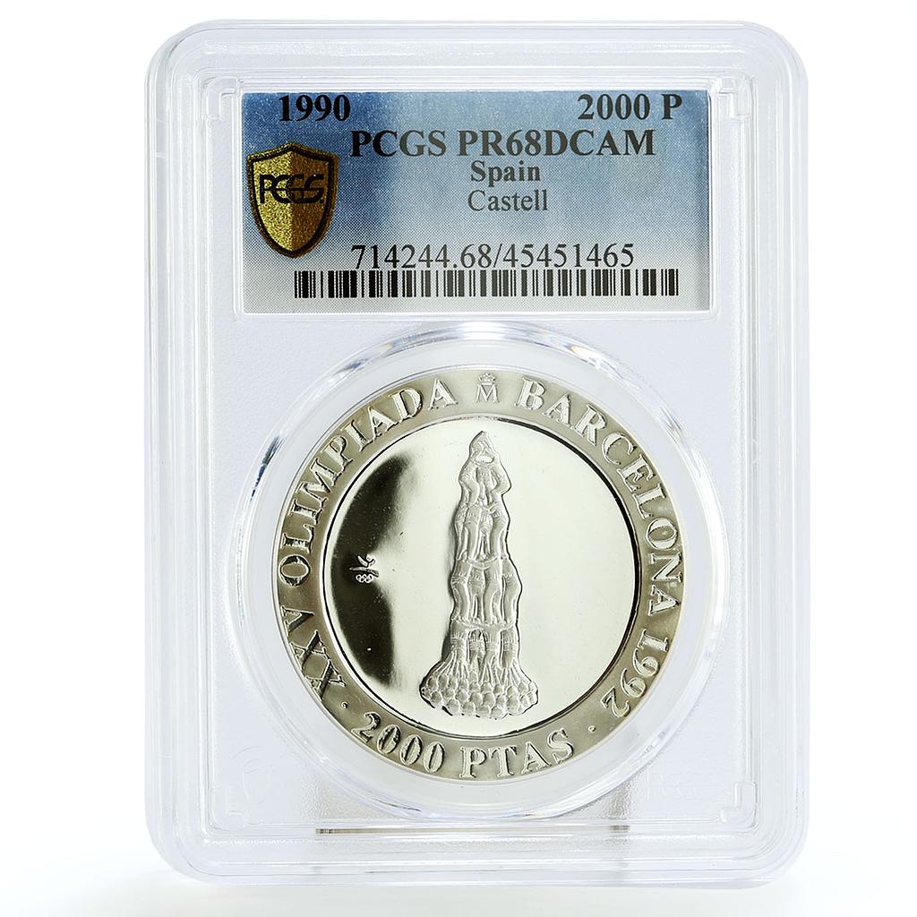Spain 2000 pesetas Juan Carlos Castell Human Pyramid PR68 PCGS silver coin 1990