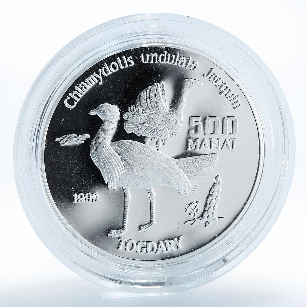 Turkmenistan 500 manat Red Book Wildlife Houbara Bird Fauna silver coin 1999