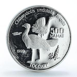 Turkmenistan 500 manat Red Book Wildlife Houbara Bird Fauna silver coin 1999