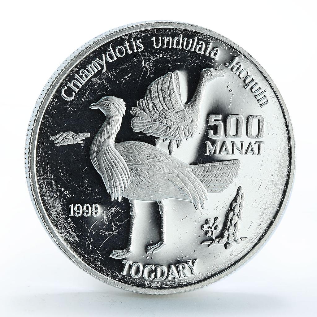 Turkmenistan 500 manat Red Book Wildlife Houbara Bird Fauna silver coin 1999