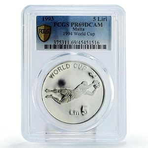 Malta 5 liri Football World Cup in the USA Goalkeeper PR69 PCGS silver coin 1993