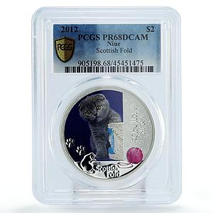 Niue 2 dollars Home Pets Scottish Fold Cat PR68 PCGS colored silver coin 2012