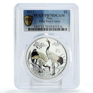 Niue 2 dollar Feng Shui Cranes Birds Fauna PR70 PCGS colored silver coin 2013