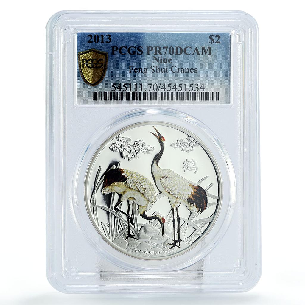Niue 2 dollar Feng Shui Cranes Birds Fauna PR70 PCGS colored silver coin 2013