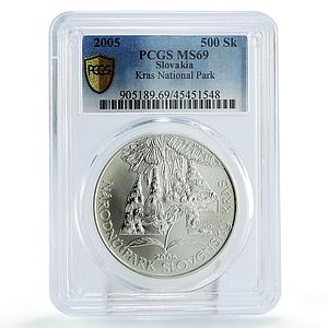 Slovakia 500 korun Kras National Park Two Birds Fauna MS69 PCGS silver coin 2005