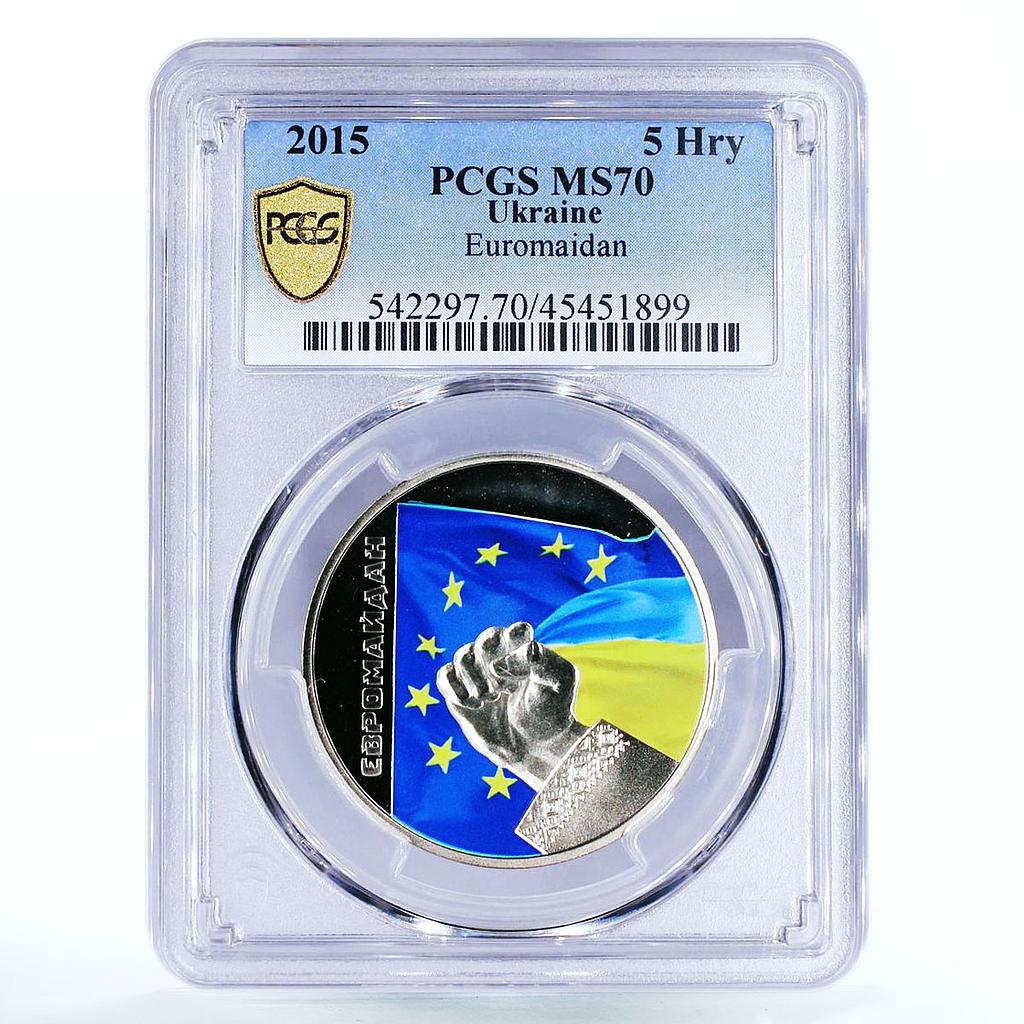 Ukraine 5 hryvnias Euromaidan People Protest EU Flag MS70 PCGS CuNi coin 2015