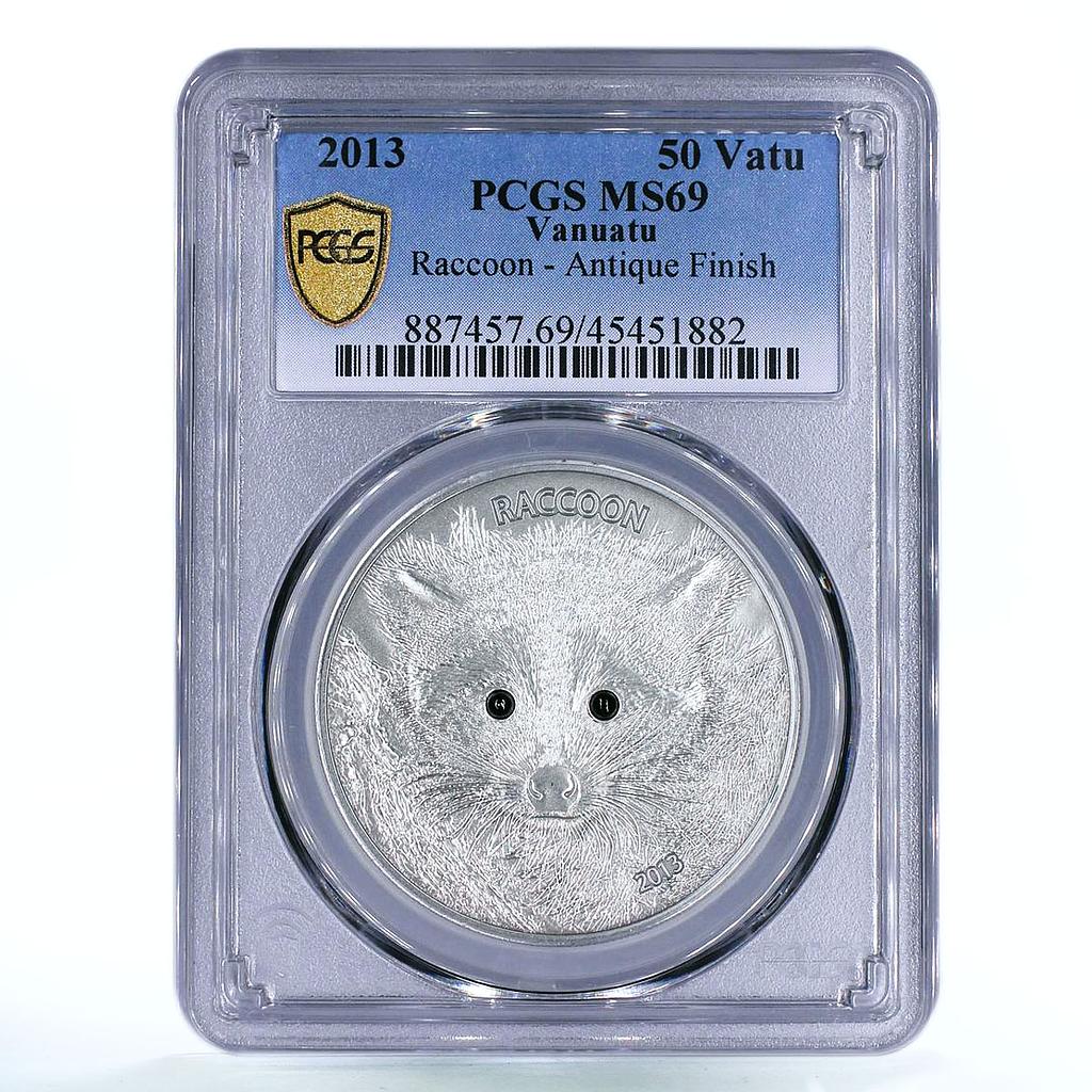 Vanuatu 50 vatu Endangered Wildlife Raccoon Fauna MS69 PCGS silver coin 2013