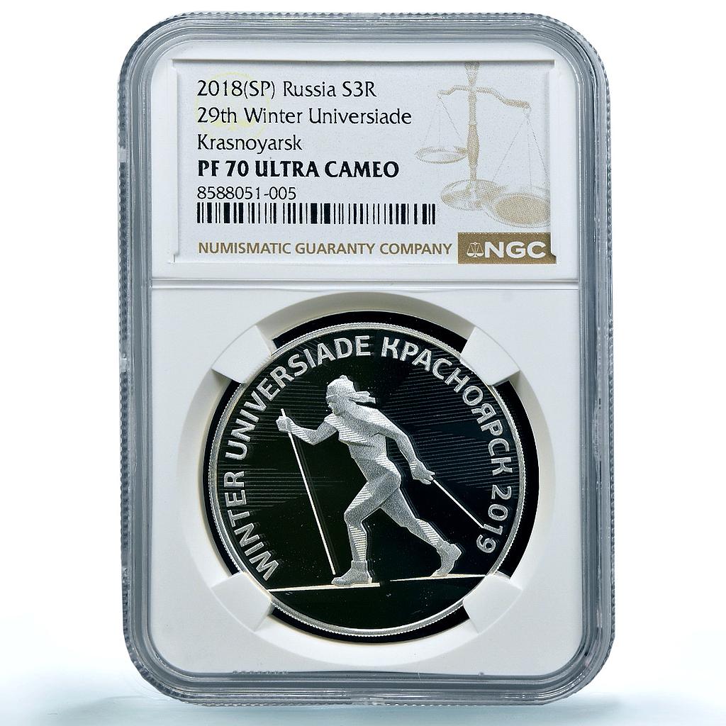 Russia 3 roubles Krasnoyarsk Universiade Y#1815 Skier PF70 NGC silver coin 2018 Russia 3 roubles Krasnoyarsk Universiade Y#1815 Skier PF70 NGC silver coin 2018