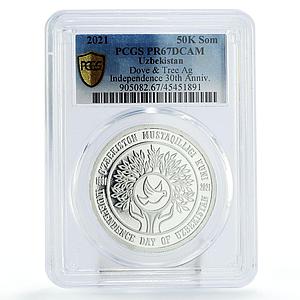 Uzbekistan 50000 som National Independence Dove Bird PR67 PCGS silver coin 2021