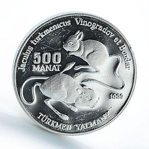 Turkmenistan 500 manat Red Book Wildlife Jerboa Mouse Fauna silver coin 1999