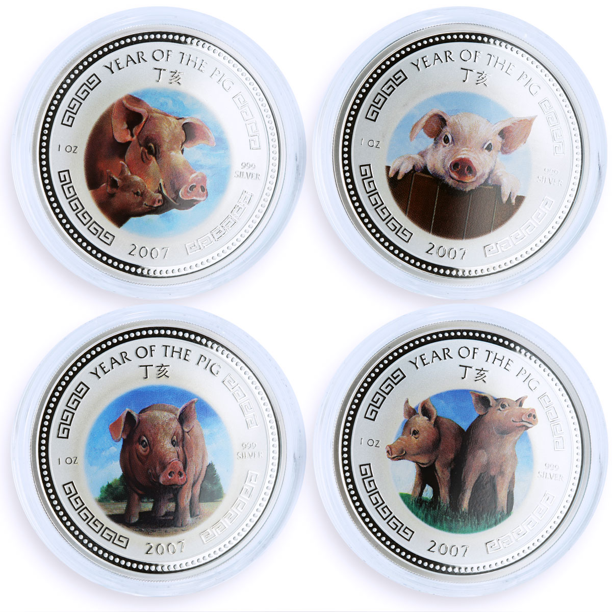 Cambodia set of 4 coins Lunar Calendar Year of the Pig colored silver coin 2007