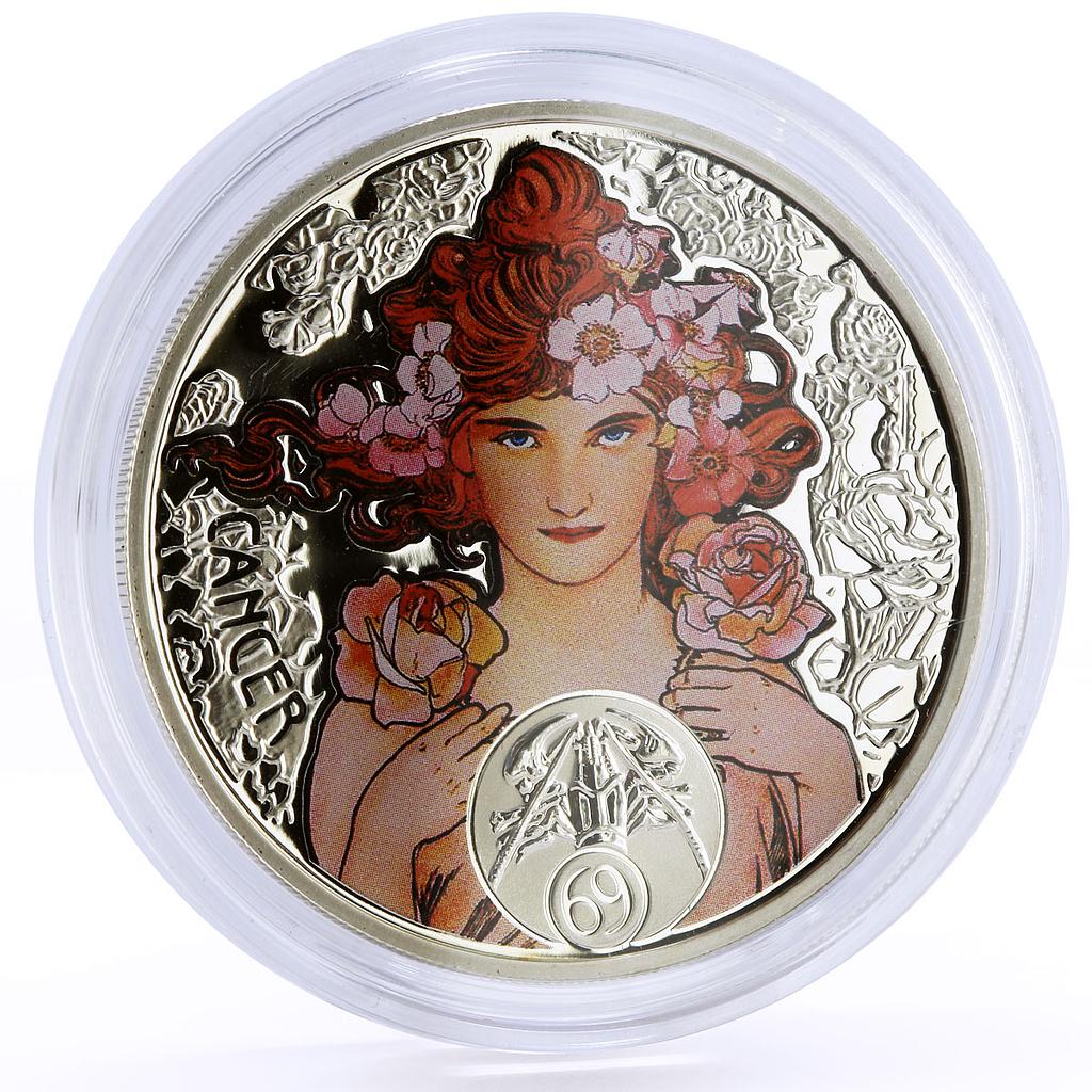 Niue 1 dollar Alphonse Mucha Zodiac series Cancer colored silver coin 2011