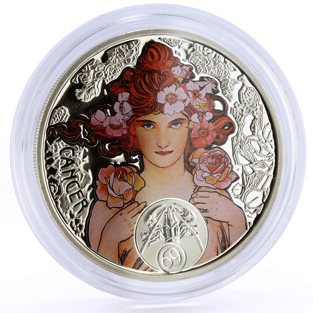 Niue 1 dollar Alphonse Mucha Zodiac series Cancer colored silver coin 2011