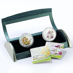 Singapore set of 2 coins Orchids Flowers Flora colored silver coins 2009