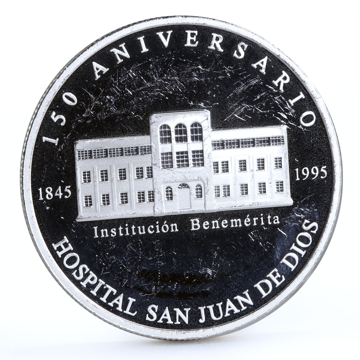 Costa Rica 3000 colones Hospital San Juan De Dios Building silver coin 1994